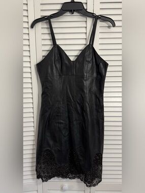 LEBAZ FINE LEATHER GARMENTS NEW YORK Lace Trim Mini Leather Dress Size Medium